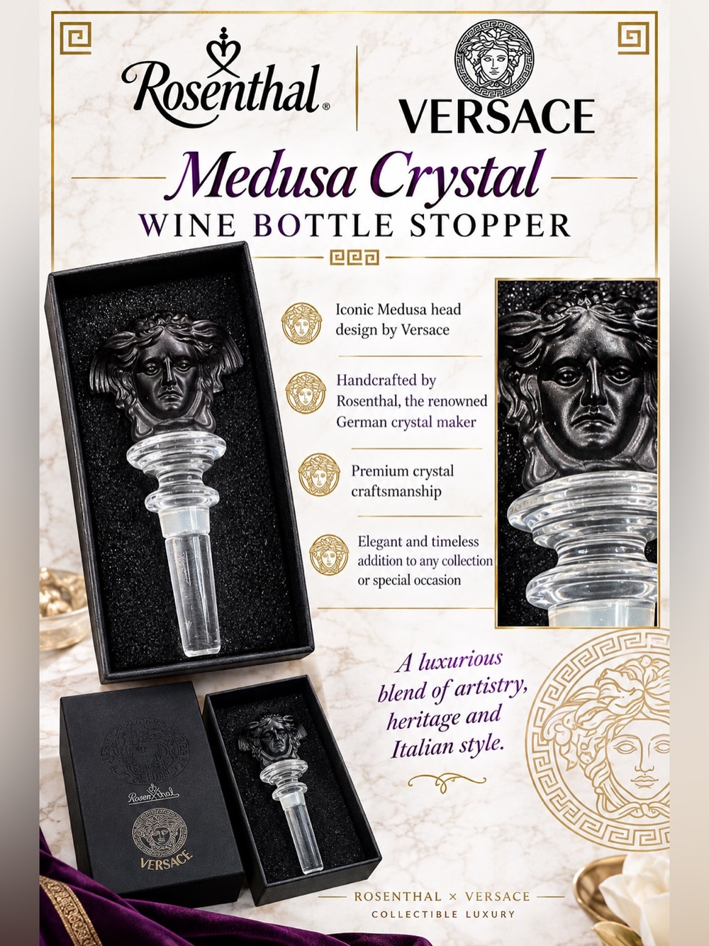Versace Medusa Crystal Wine Bottle Stopper in Black and Clear